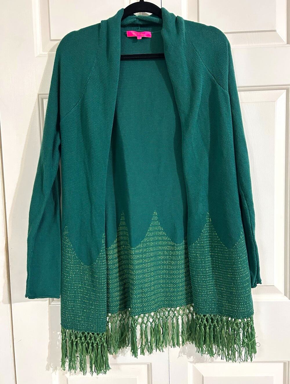 Lilly Pulitzer Green Solid Knit Shawl Collar Open Front Fringe Cardigan Lx